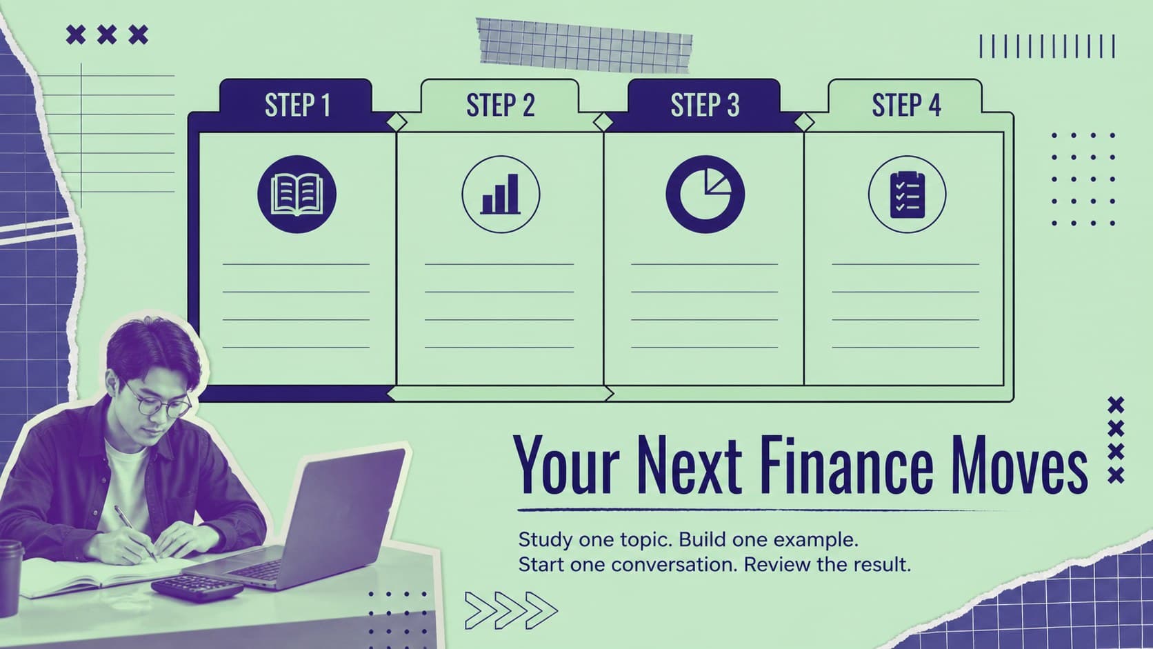 Finance student portfolio slide presenting a personal development action plan with editable green and blue panels.