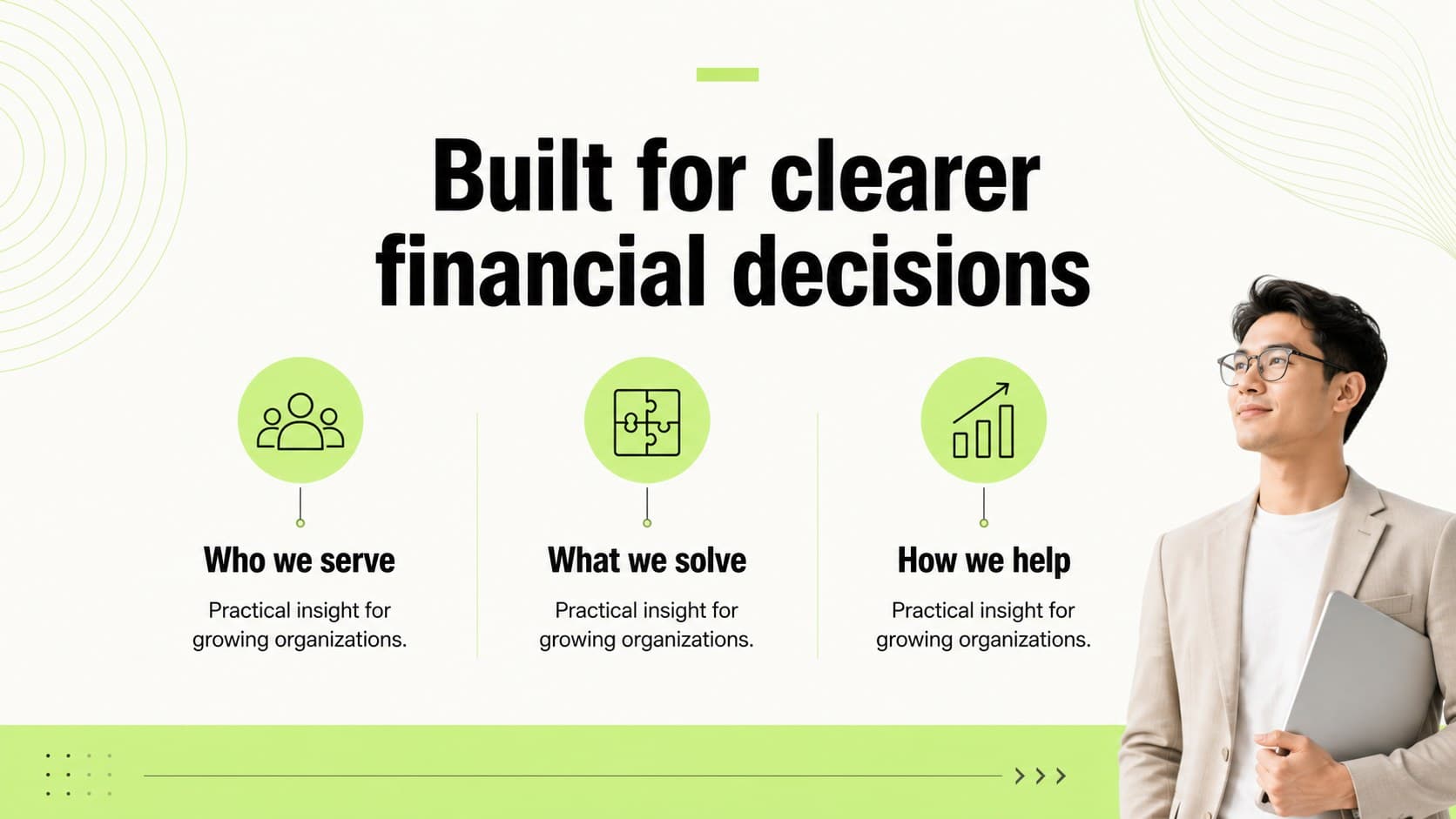 Finance company introduction slide showing a concise firm snapshot and capability statement.