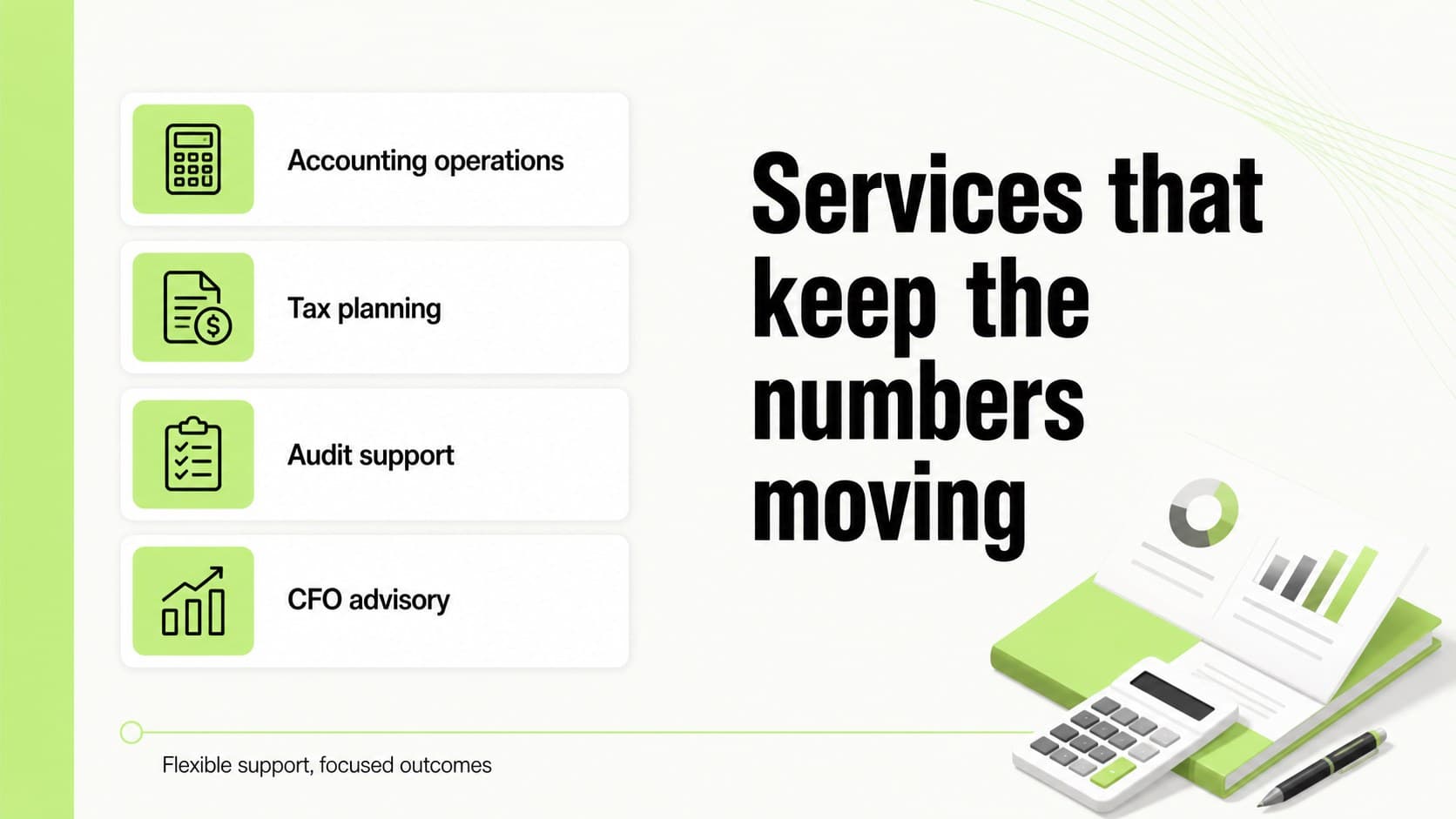 Accounting services overview slide with organized finance offerings and green line accents.