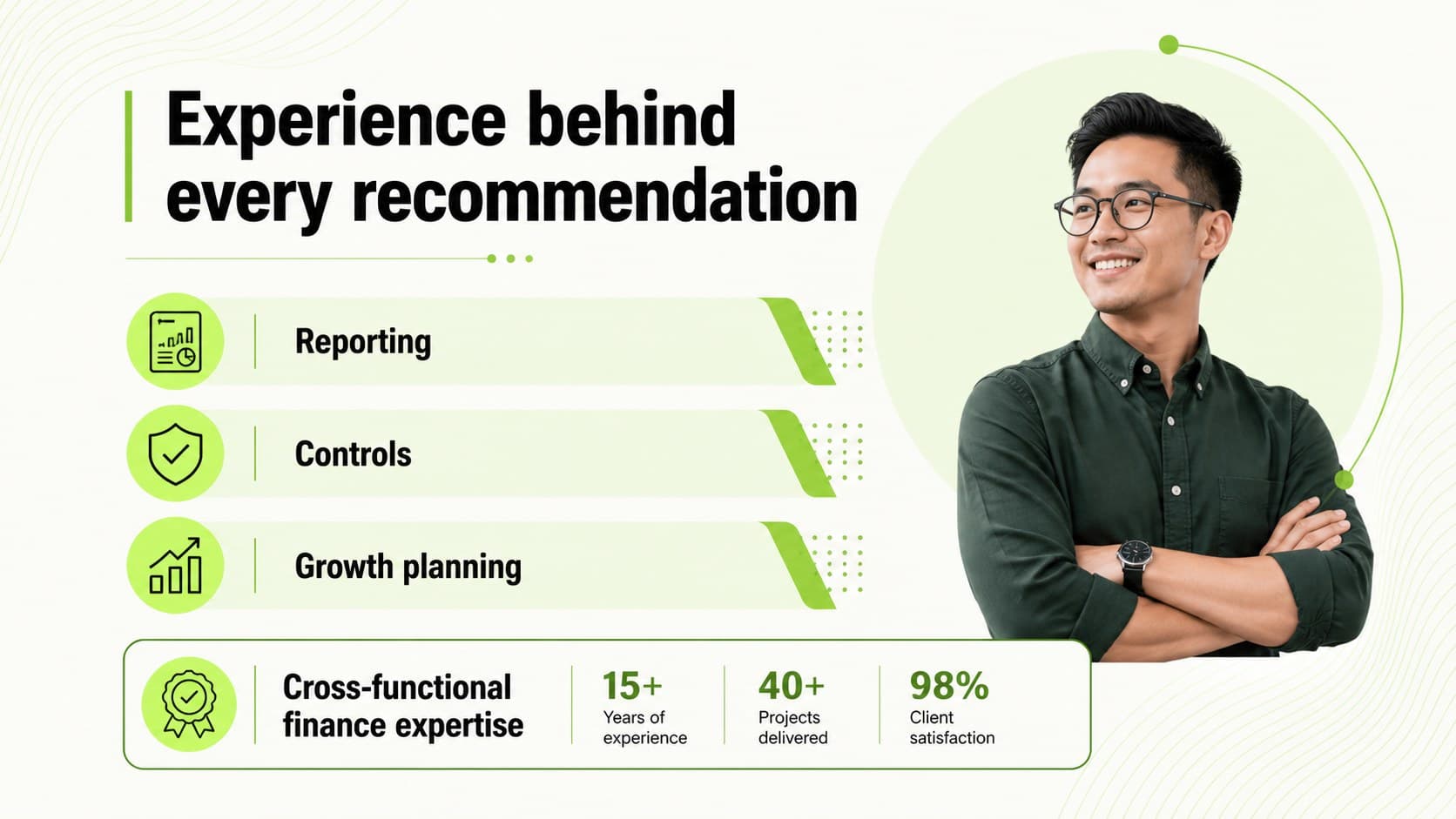 Professional finance team slide featuring expertise areas and role-based credentials.