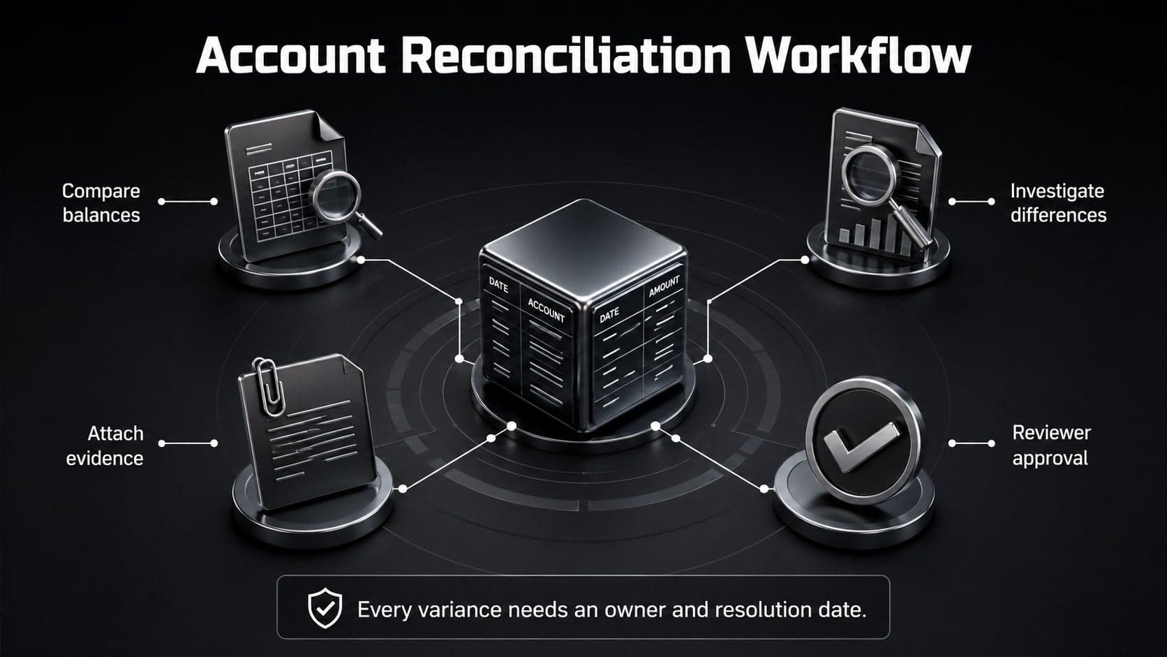 Account reconciliation workflow slide mapping ledger balances through review and resolution.