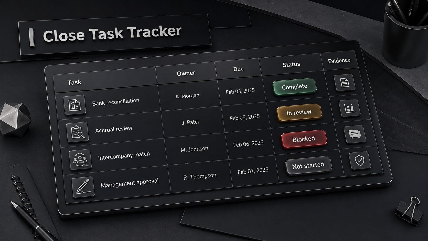 Financial close task tracker with task owners, due dates, status, and supporting evidence.