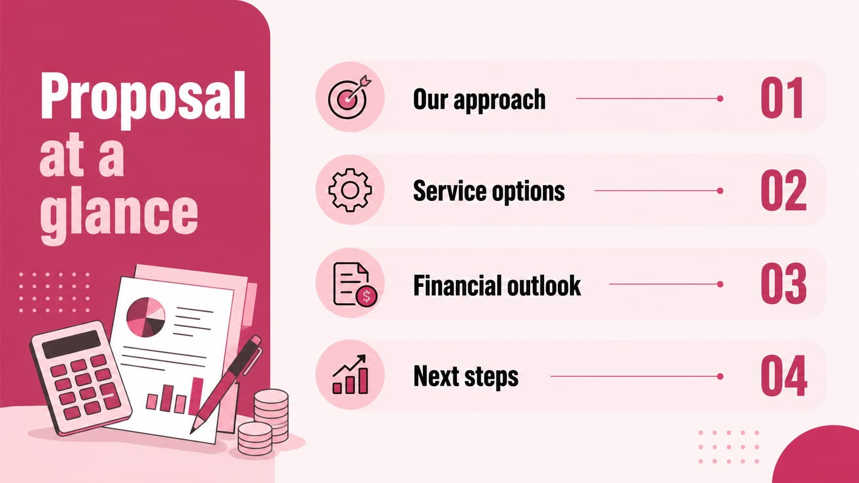 Financial services pitch deck agenda slide organizing a client proposal into clear sections with pink and red visual markers.