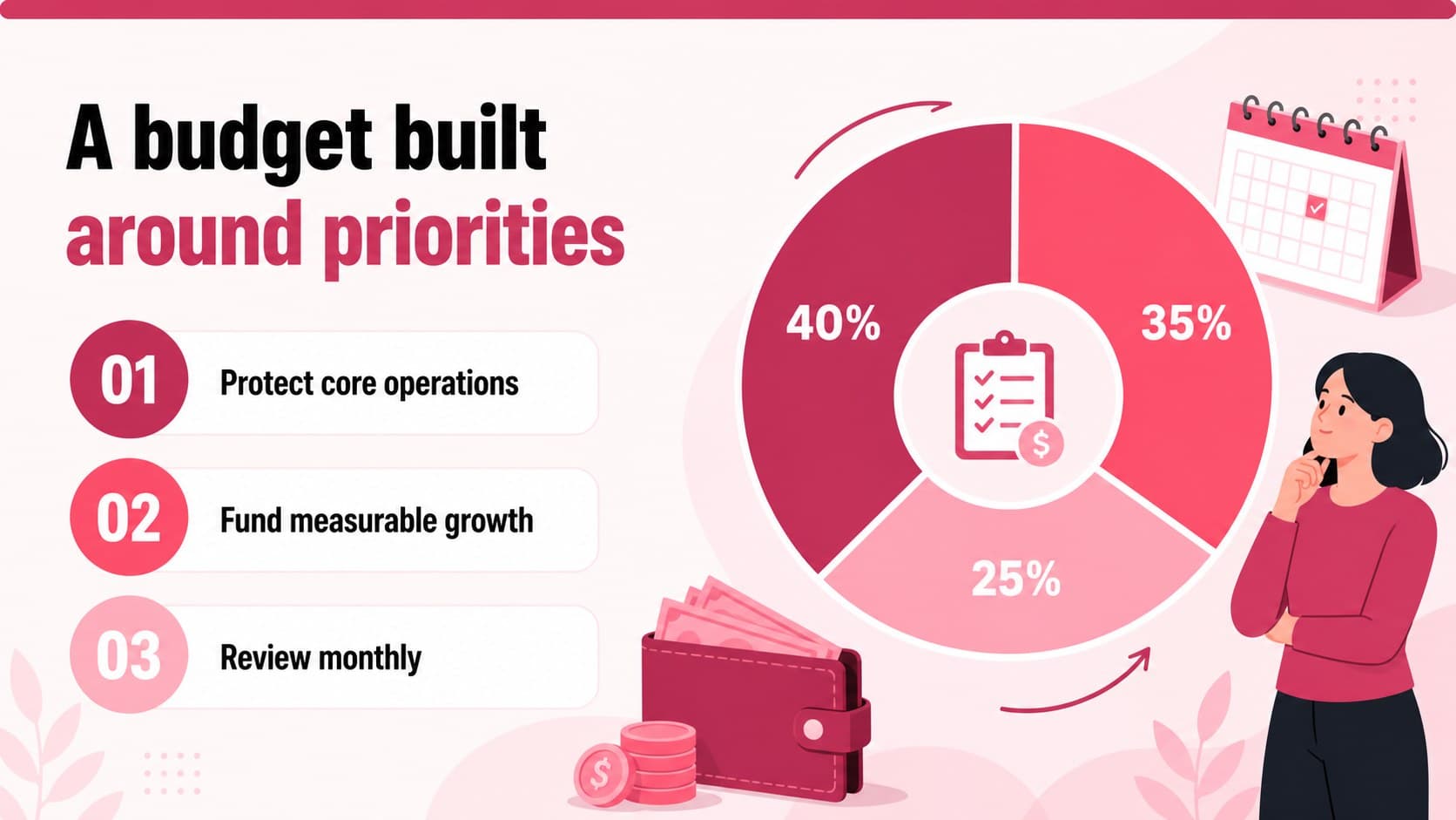 Budget planning slide in a financial services pitch deck using a visual allocation diagram and editable recommendation text.