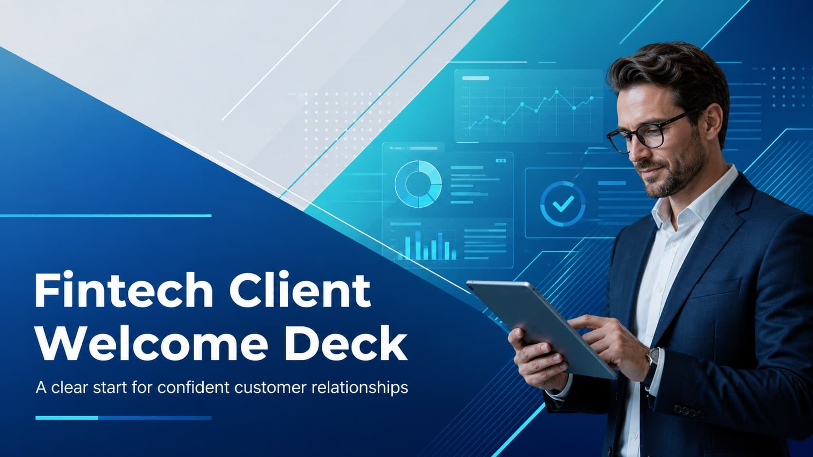 Cover slide for a fintech client welcome deck with a bold blue geometric composition and space for a short introduction.