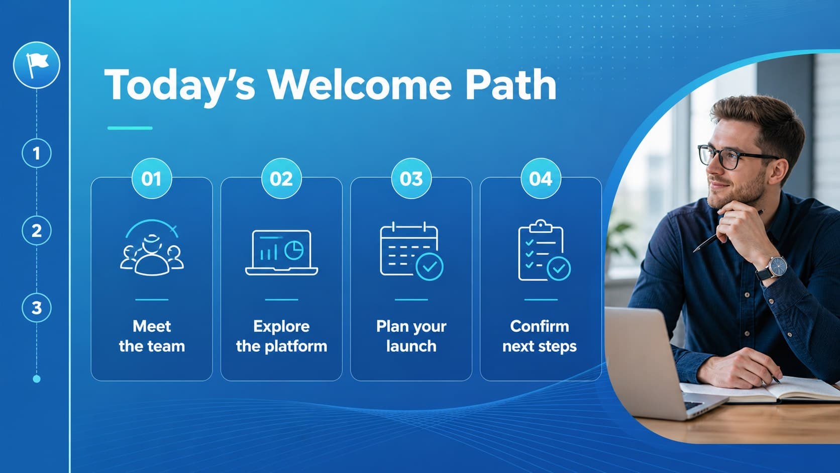 Fintech welcome presentation slide introducing the meeting agenda with blue icons and organized content blocks.