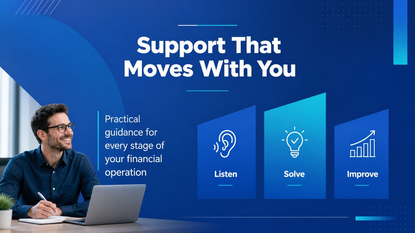 Customer success finance presentation slide explaining service principles with blue cards and linear icons.