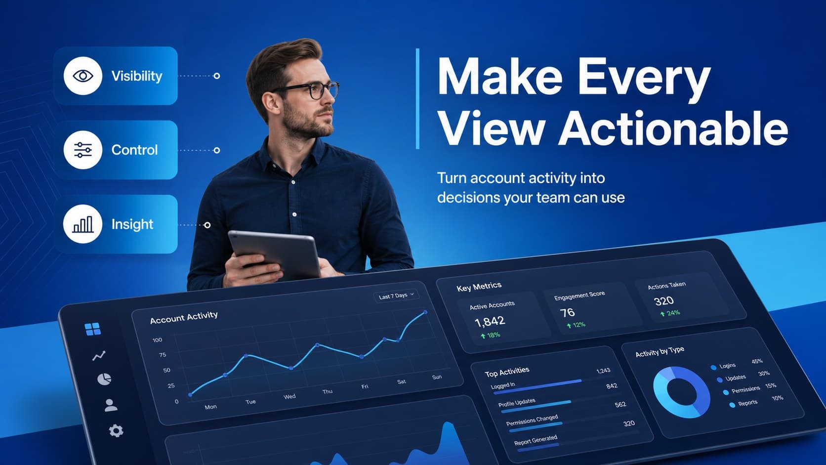 Fintech product demo presentation slide featuring a dashboard mockup and blue data callouts.