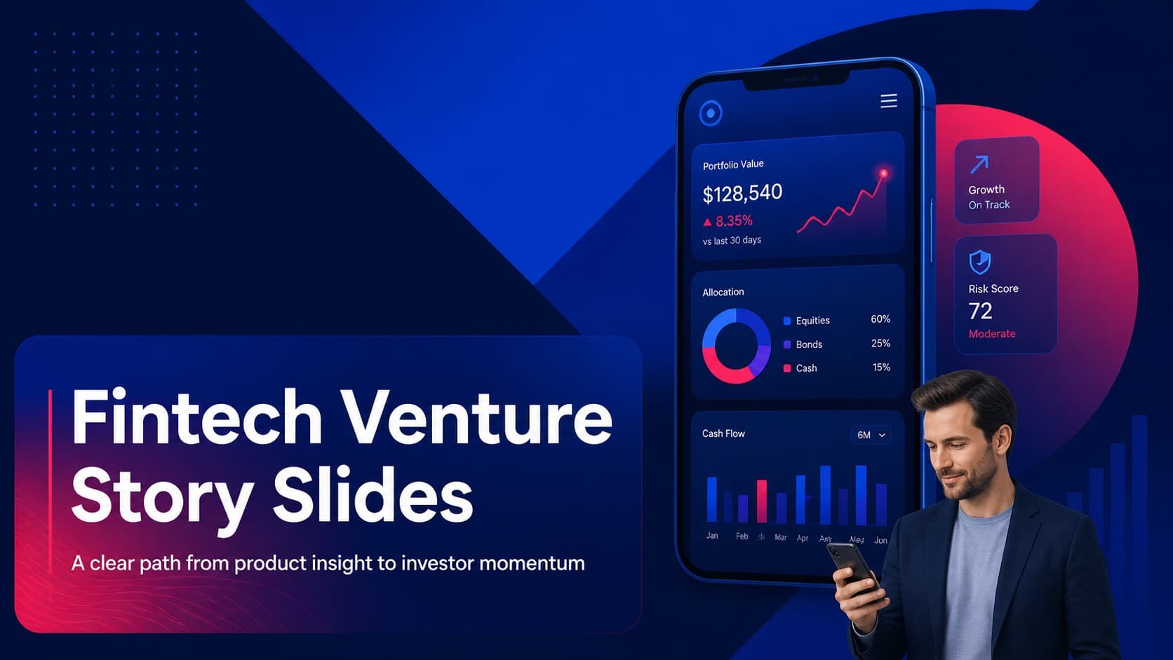 Cover slide for a fintech venture story slides presentation with blue and red gradients and a modern financial technology visual.