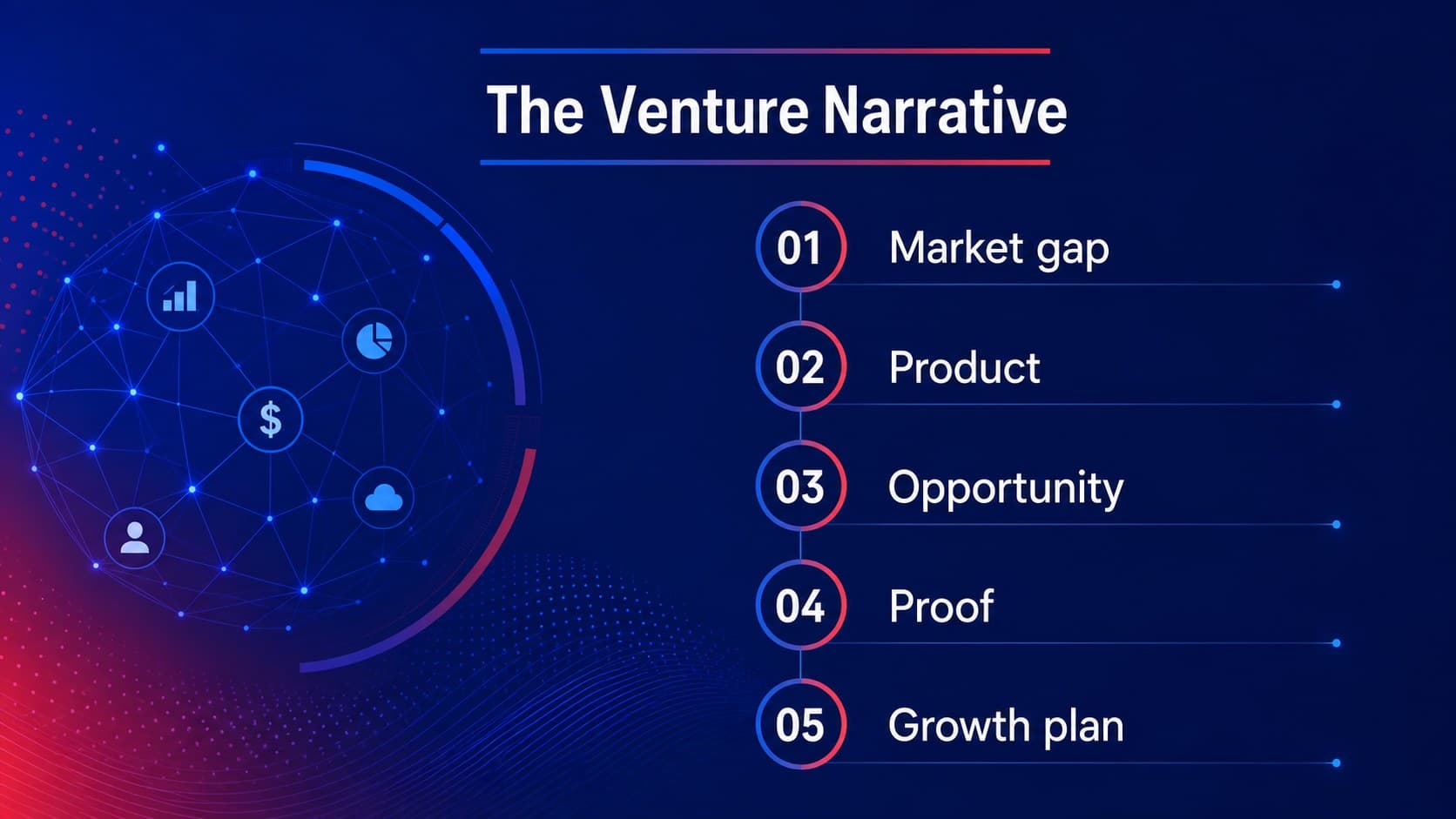 Agenda slide outlining the sections of a fintech startup investor presentation in a blue and red minimalist layout.