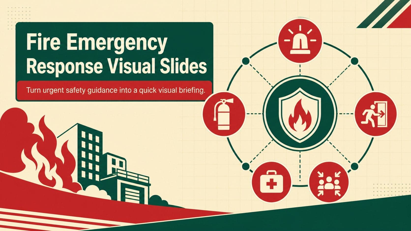Cover for Fire Emergency Response Visual Slides with bold red and green safety graphics and emergency icons.