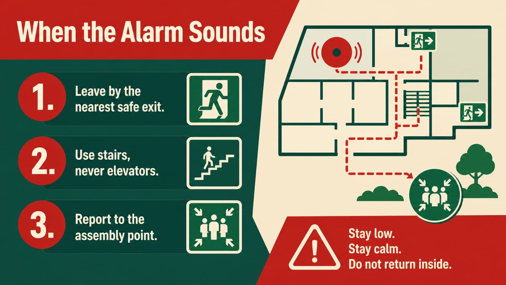 Fire evacuation briefing slide showing alarm response, exit-route, and assembly-point instructions.