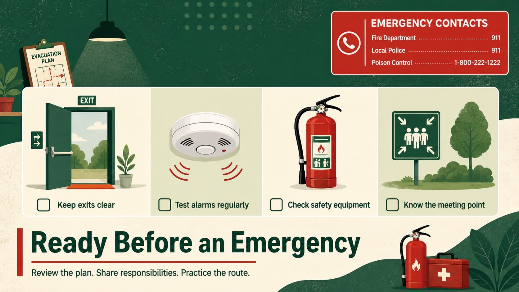 Fire prevention training visual with checks for exits, alarms, equipment, and emergency contacts.