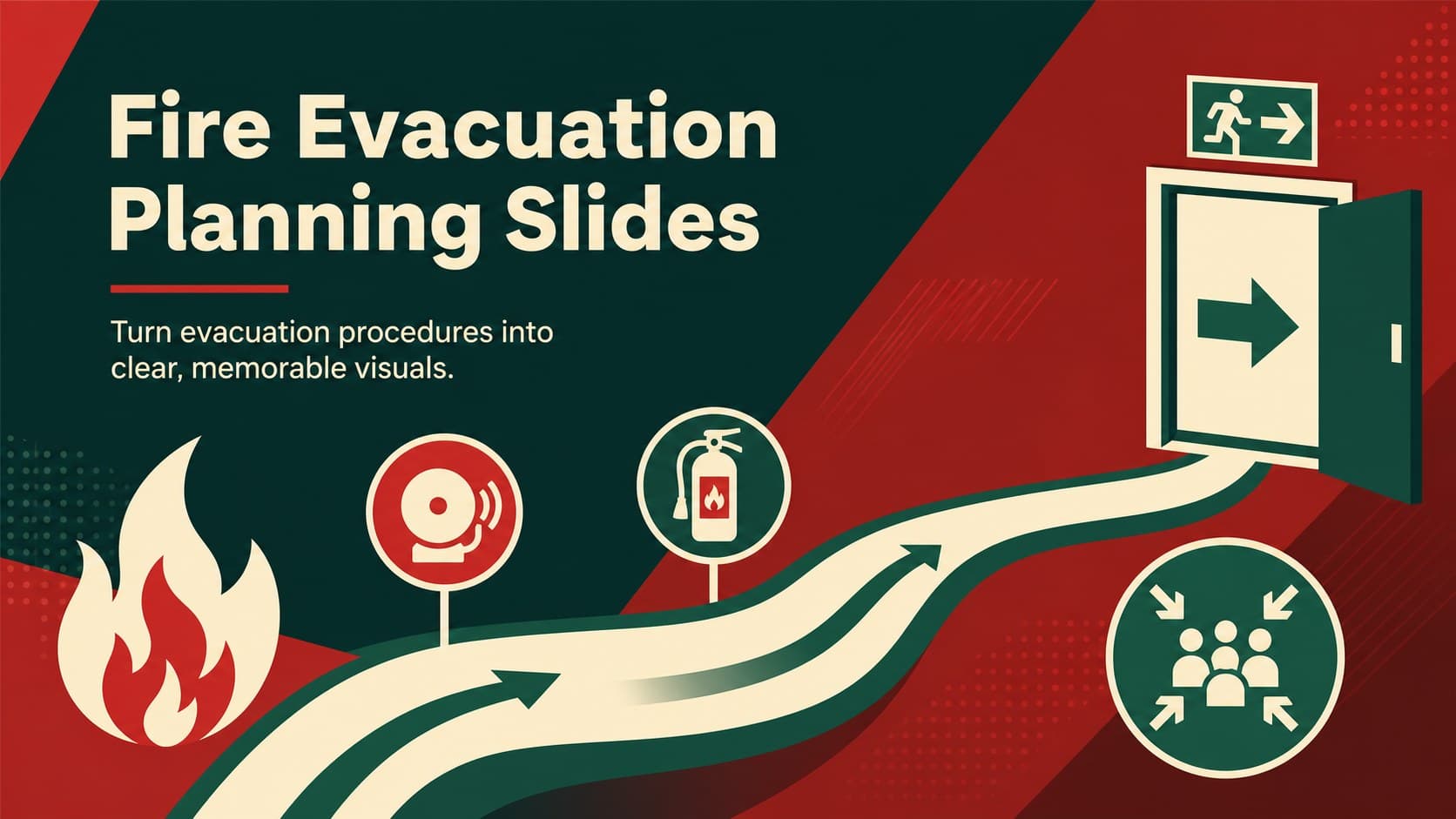 Cover for Fire Evacuation Planning Slides featuring bold red-and-green safety graphics and clear emergency route symbols.