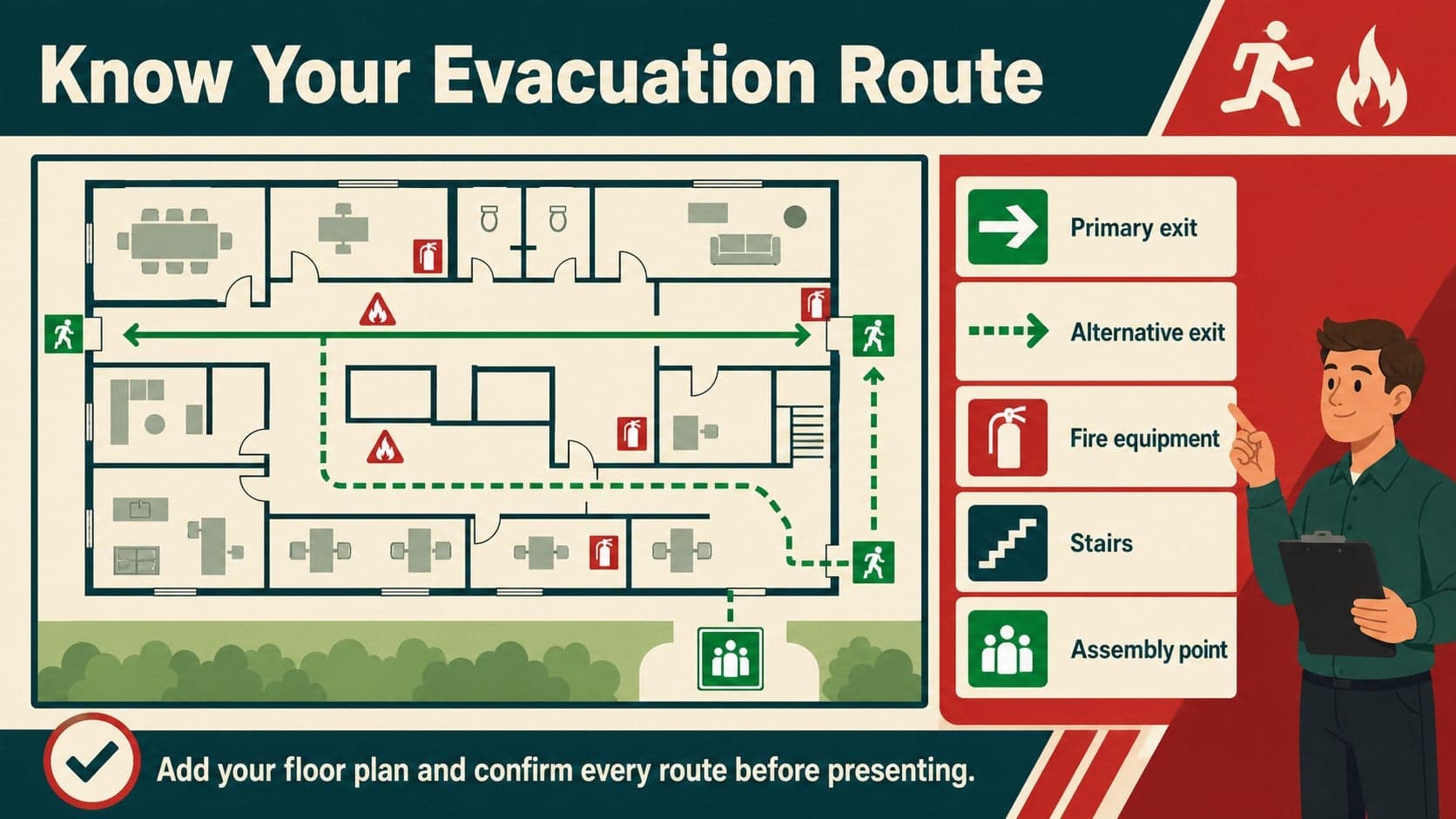 Editable fire escape route presentation layout with a building map, marked exits, and an assembly point legend.