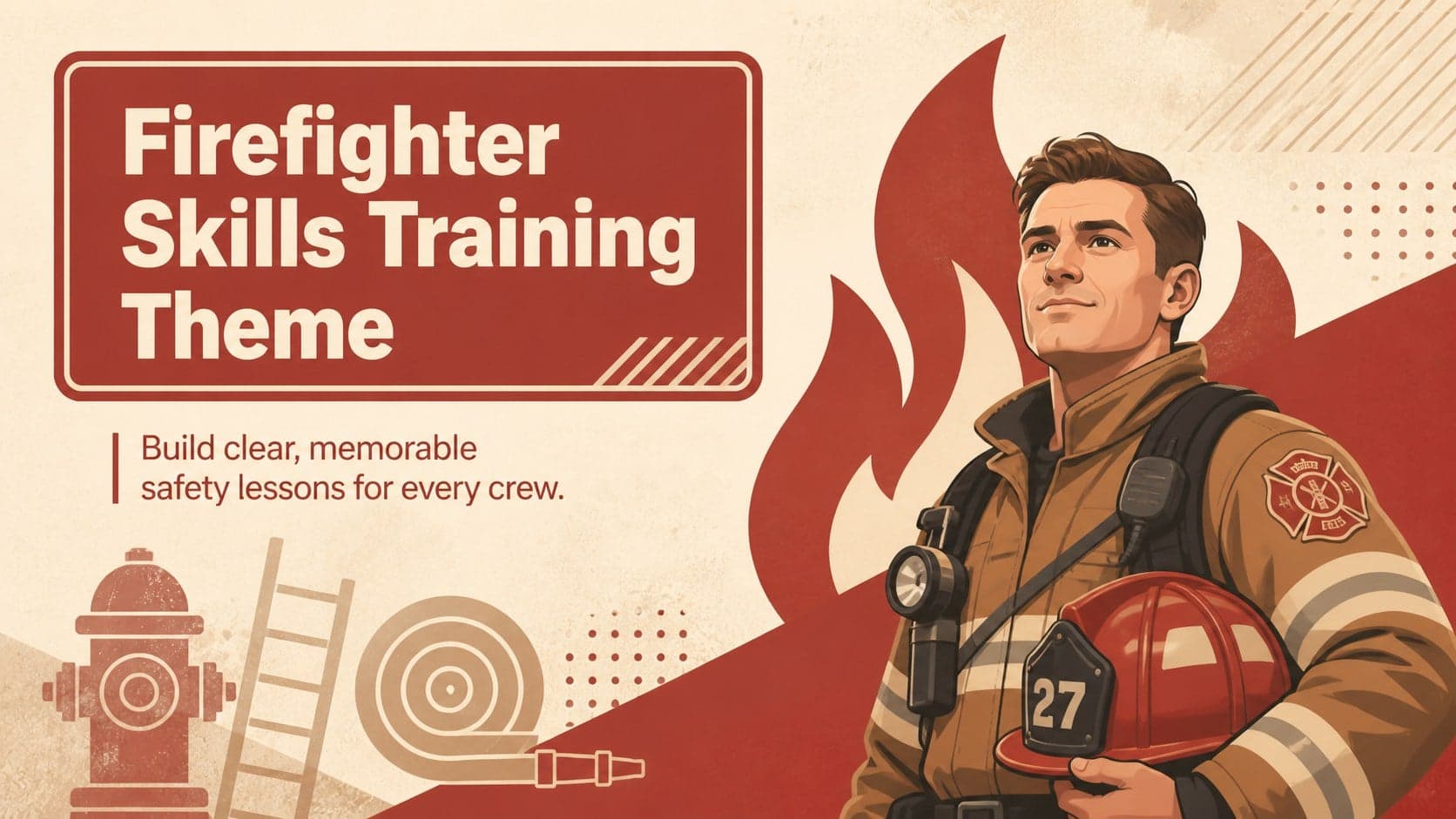Cover for a Firefighter Skills Training Theme with original firefighter artwork in a bold red-and-beige palette.