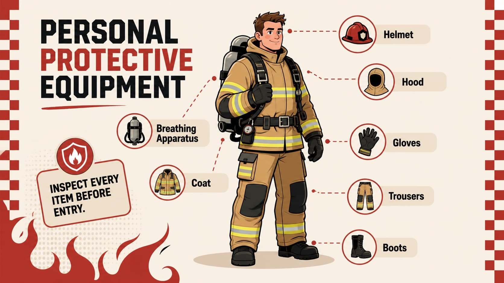 Firefighter safety training presentation slide showing a head-to-toe protective equipment checklist.