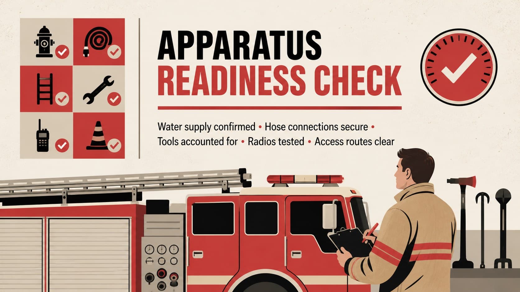 Illustrated apparatus readiness checklist for a fire crew refresher training template.