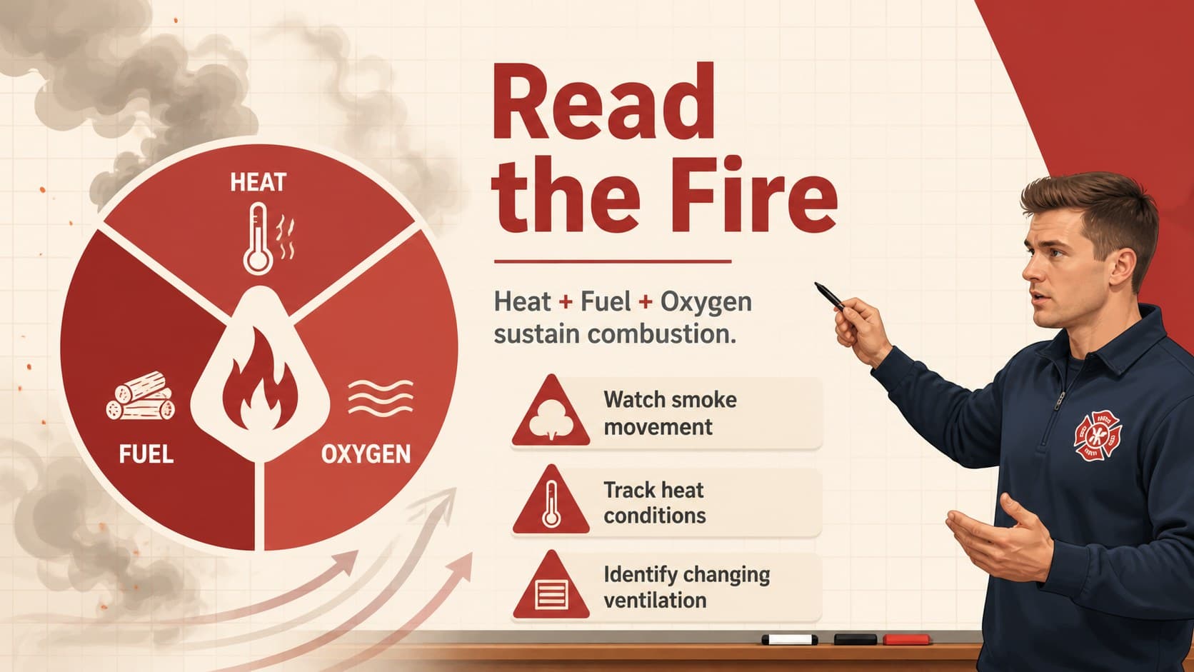 Fire behavior basics presentation comparing heat, fuel and oxygen with illustrated hazard cues.