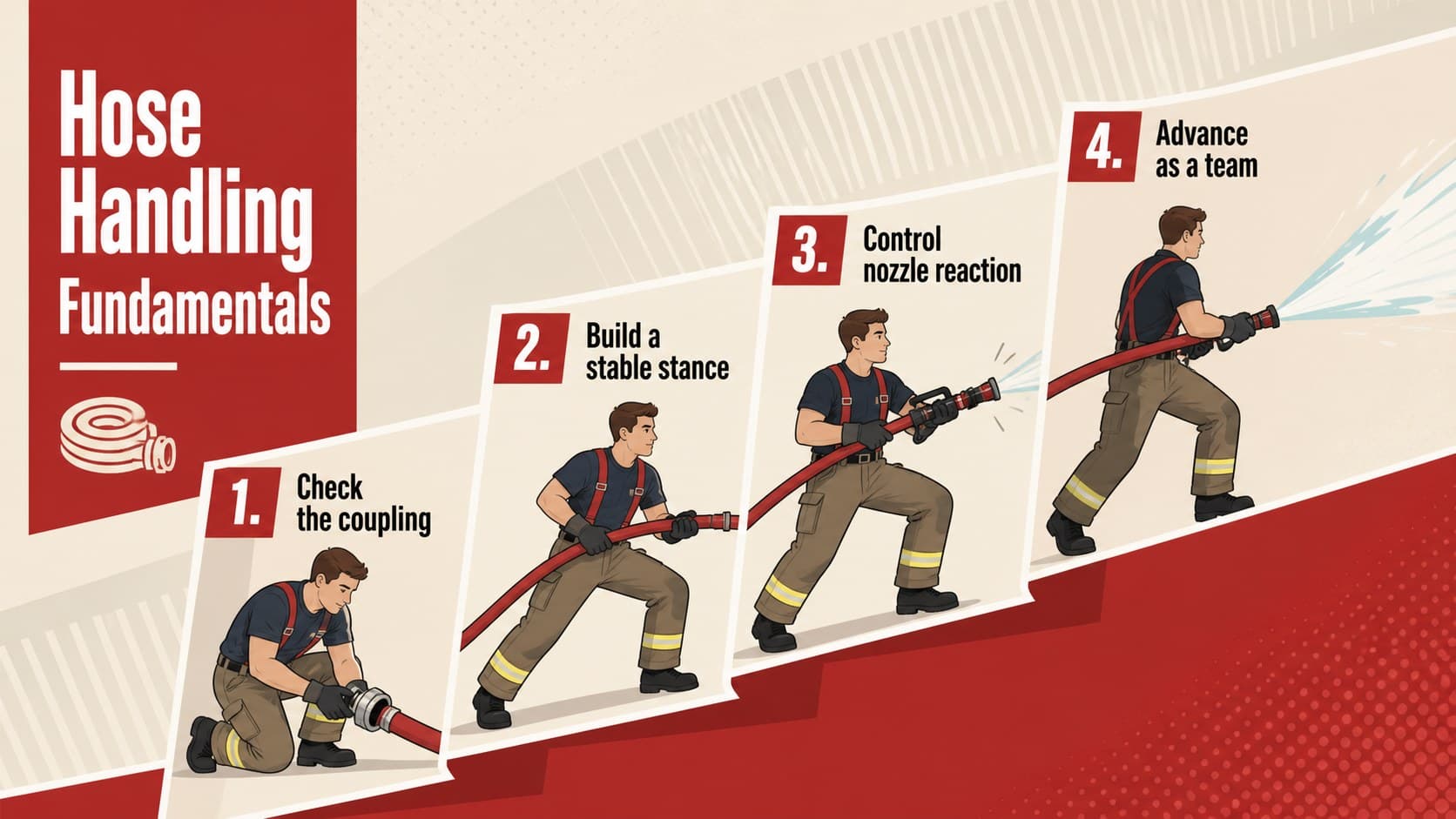 Firefighter hose handling lesson slide illustrating four steps for controlled water application.