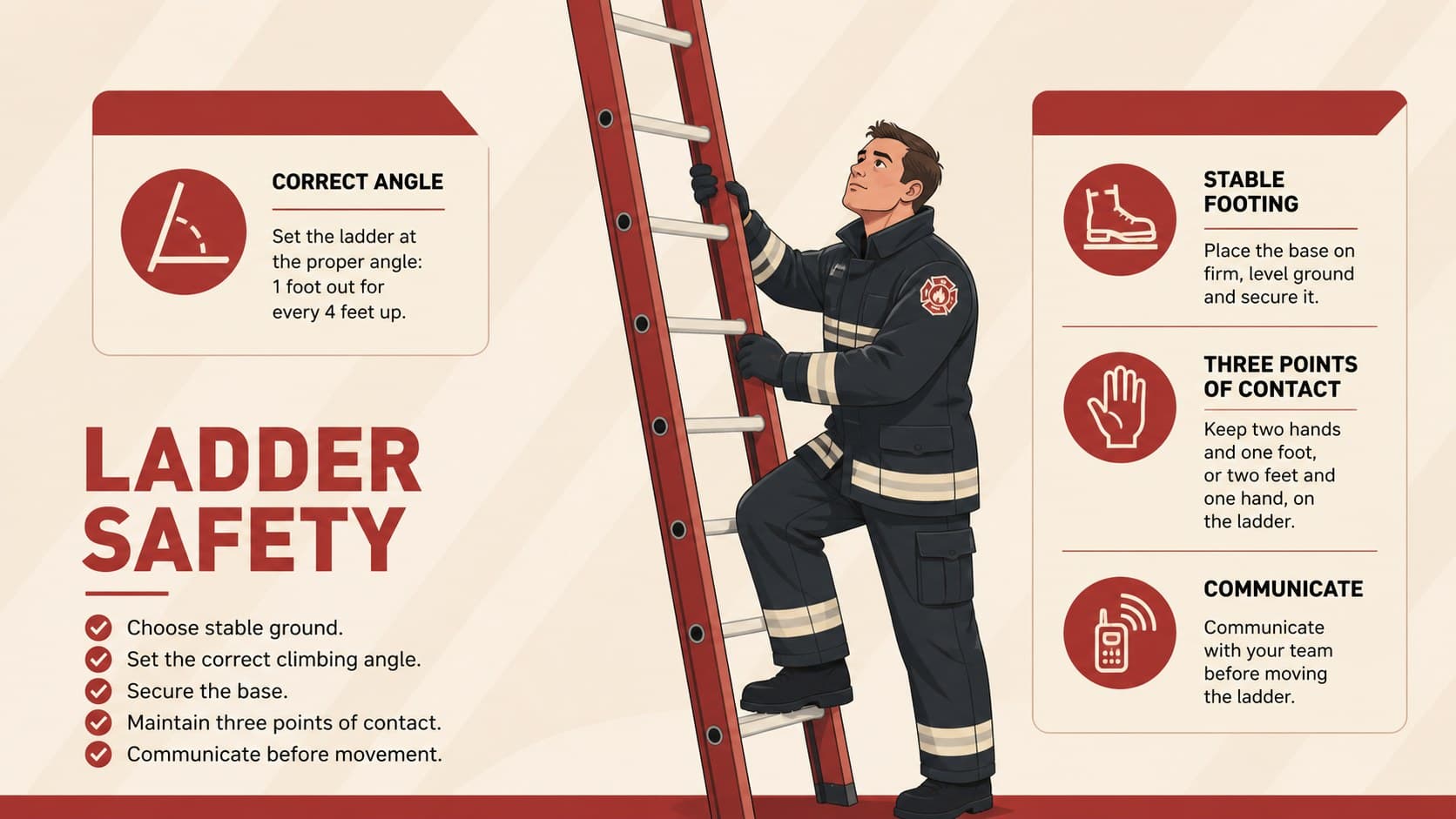 Fire academy lesson slide explaining ladder placement, climbing and team spotting procedures.