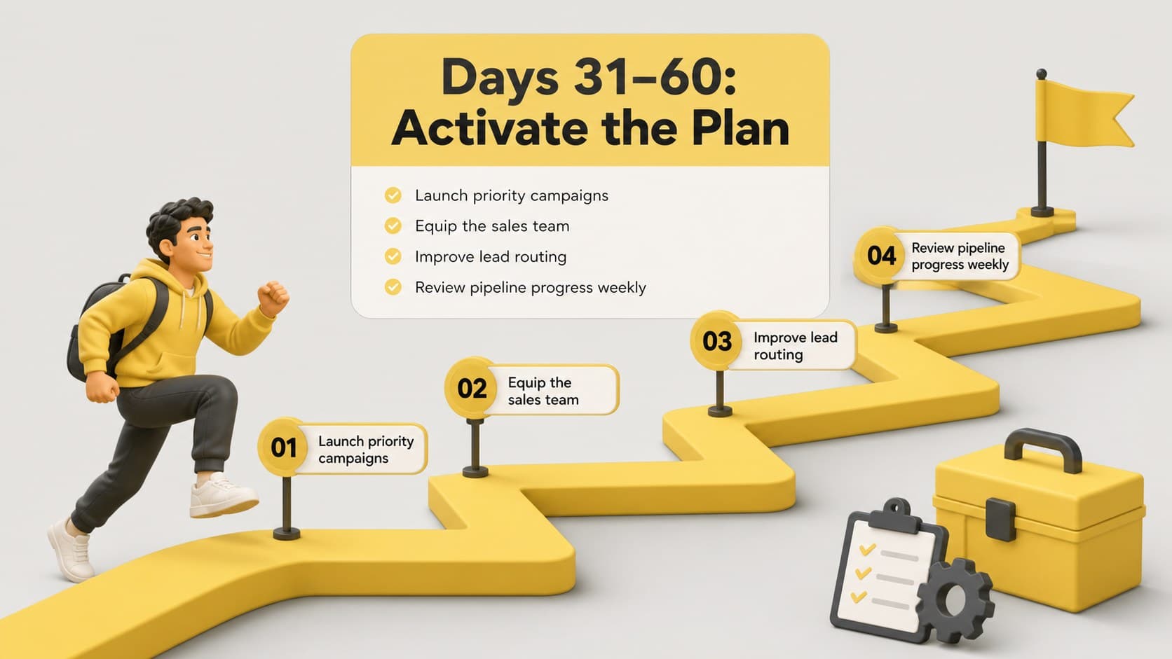 Days 31 to 60 execution phase with campaign, enablement, and pipeline actions.