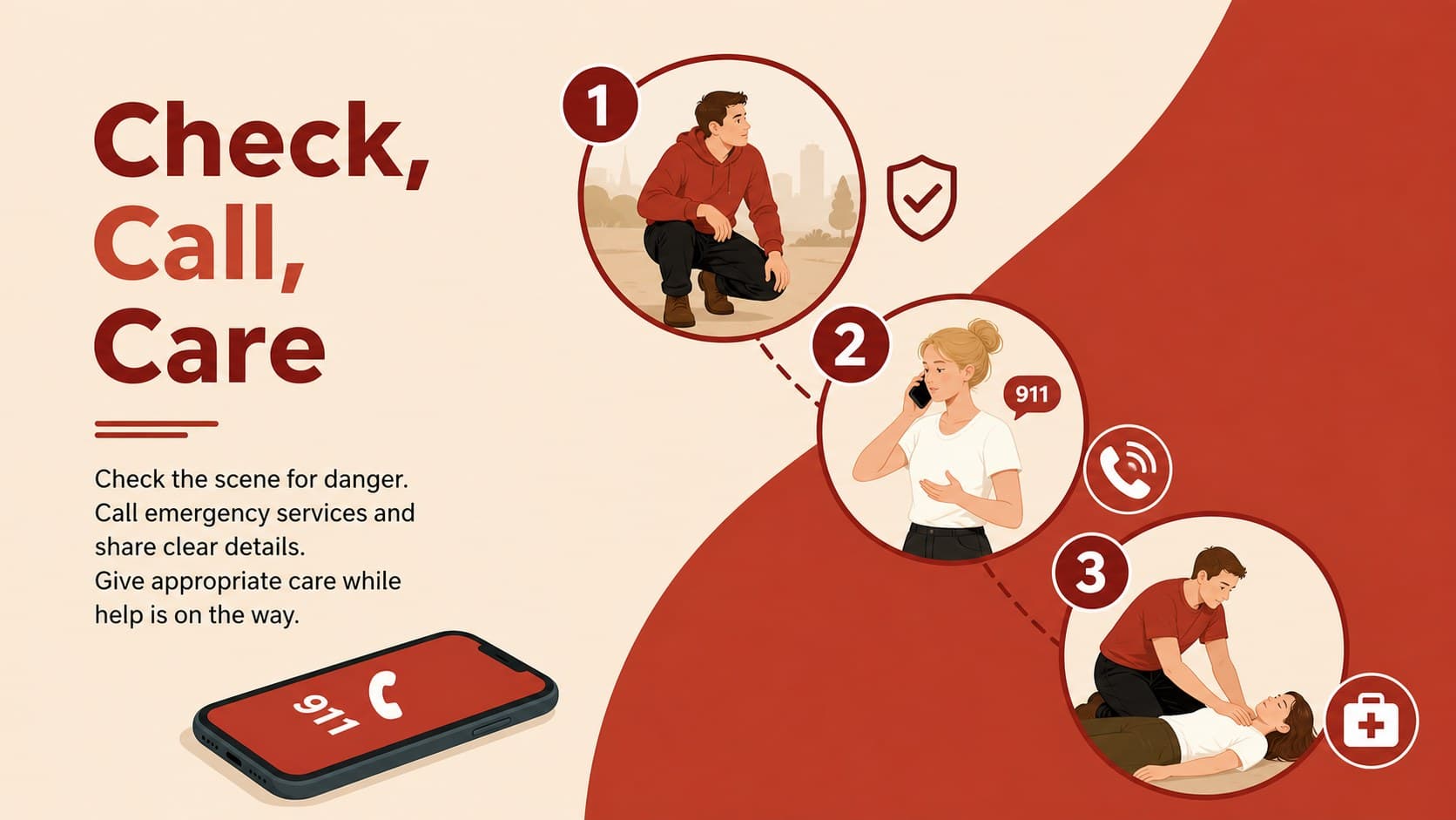 Basic emergency response training deck slide showing the check, call, and care action sequence.