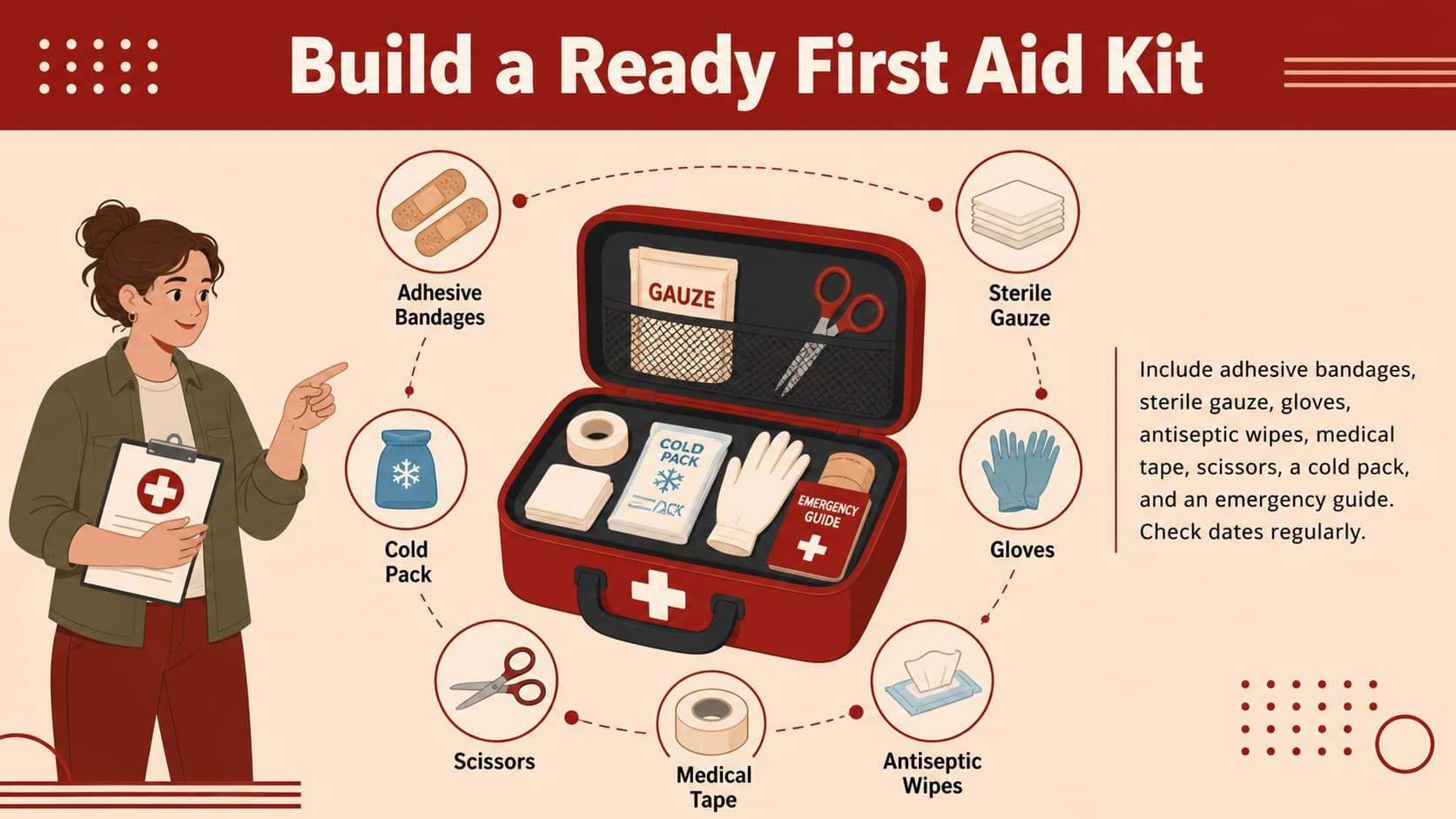 Illustrated first aid course presentation slide listing essential supplies for a practical emergency kit.