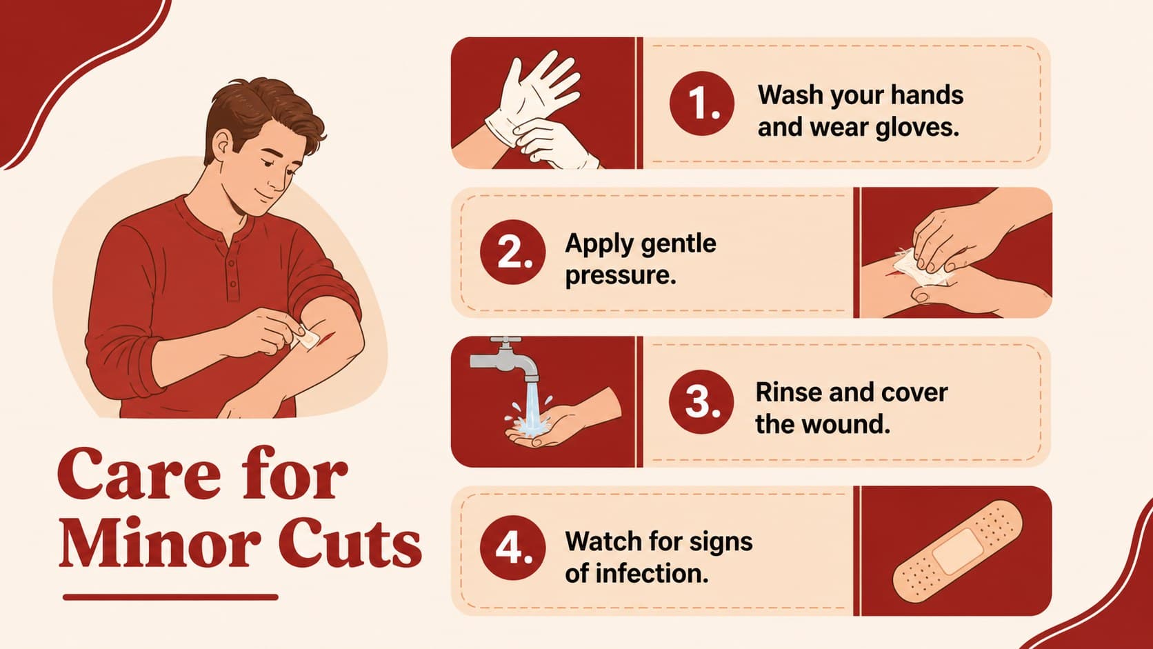 First aid education slide presenting four steps for cleaning, covering, and monitoring a minor wound.