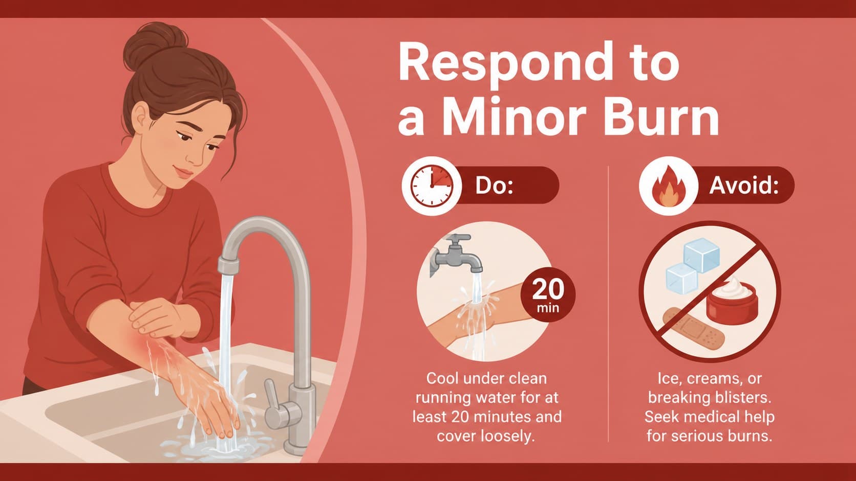 Red medical training slide explaining immediate first aid steps for cooling and protecting a minor burn.