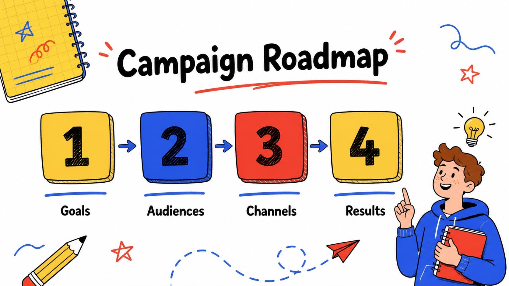 Agenda slide outlining campaign goals, channels, audiences, and publishing milestones for a school social media plan.