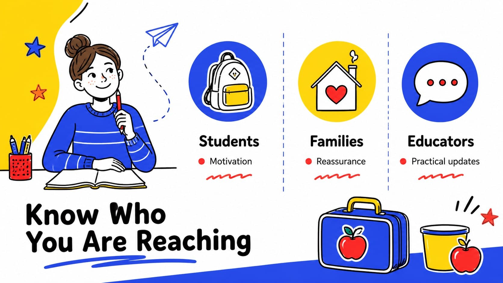 Audience profile slide presenting families, students, and educators for an education marketing campaign.
