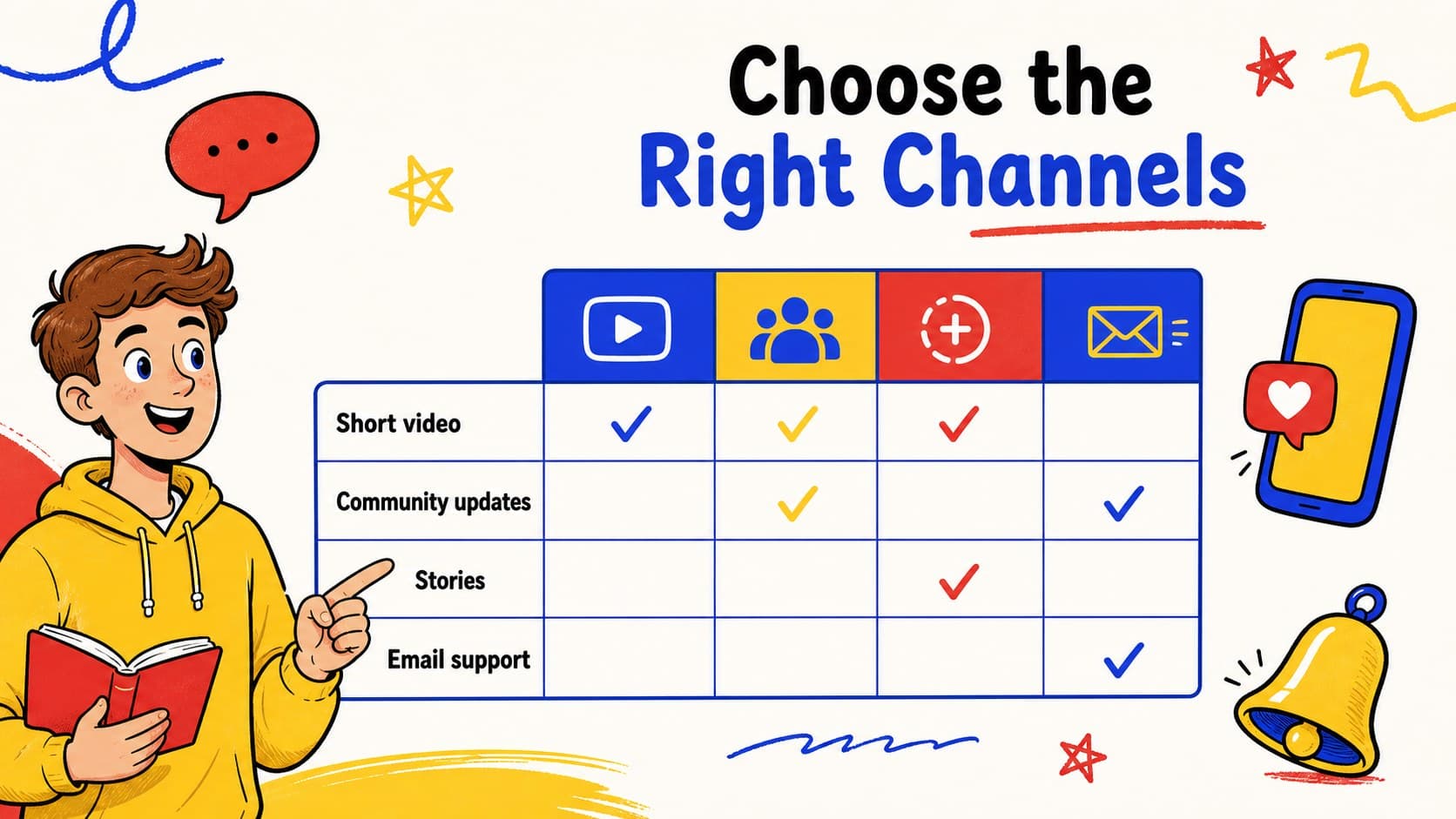 Channel planning slide comparing social platforms for a school announcement content strategy.