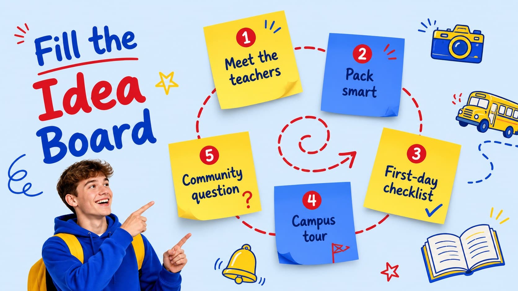 Post idea slide featuring colorful school announcement concepts for a content calendar.