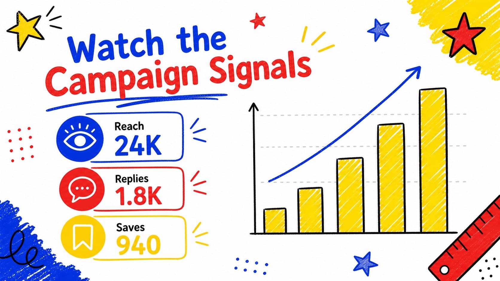 Social performance chart slide tracking engagement and reach for a school marketing campaign.