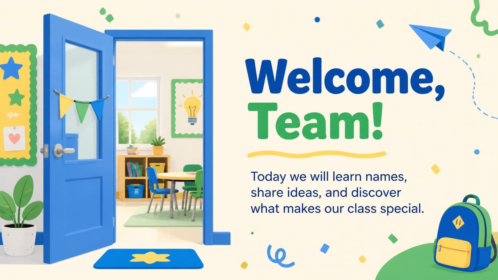 Illustrated classroom welcome slide introducing a set of first-day classroom games.