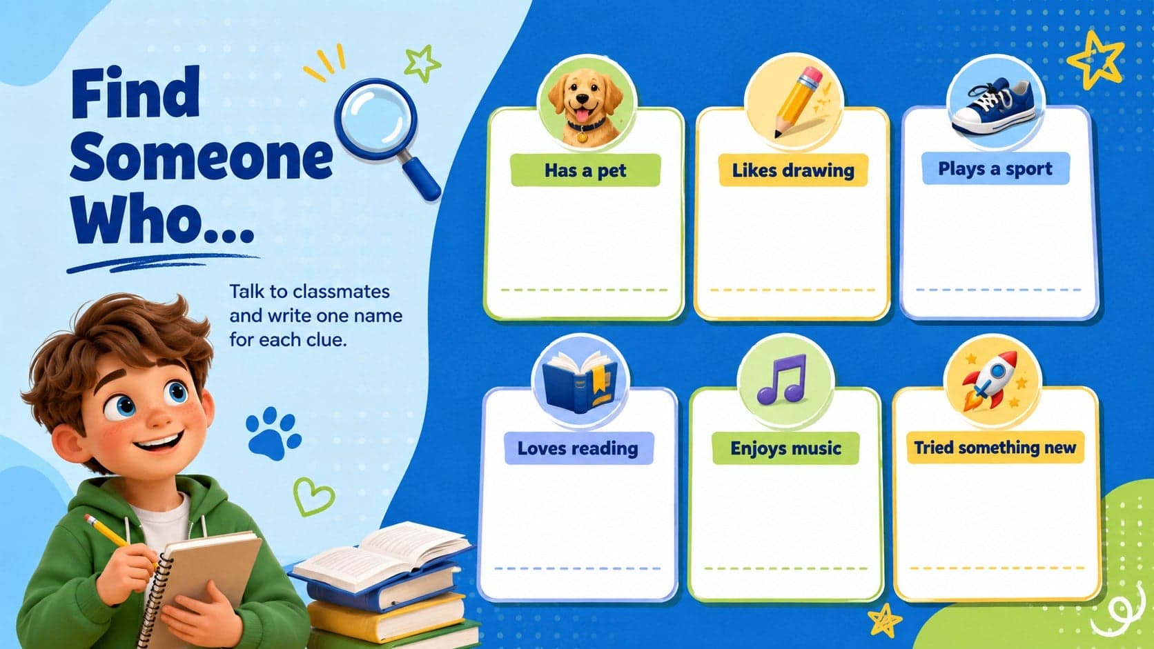 Find Someone Who classroom icebreaker activity with a colorful student prompt grid.