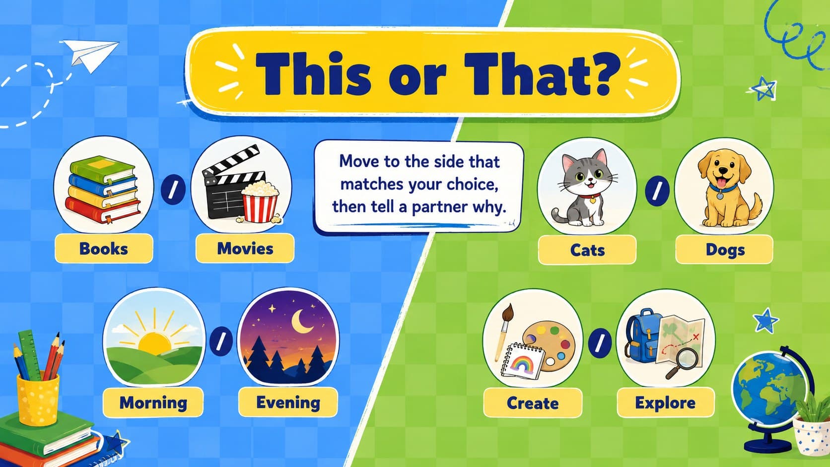 This or That interactive classroom game slide with four colorful choice prompts.