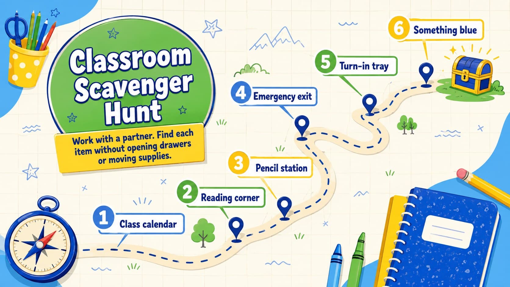 Colorful classroom scavenger hunt slide with school-item clues.