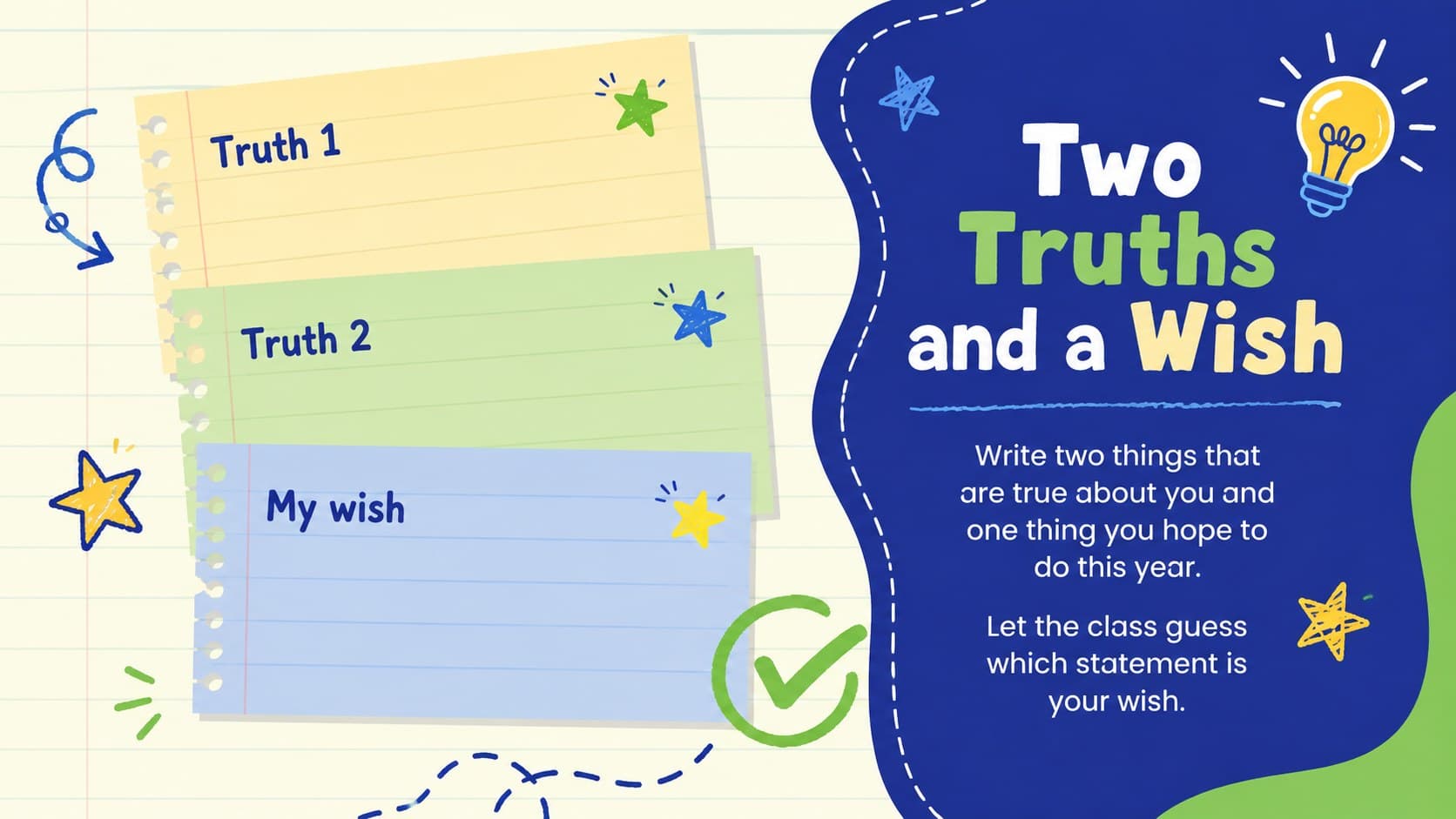 Two Truths and a Wish icebreaker slide with three editable statement areas.