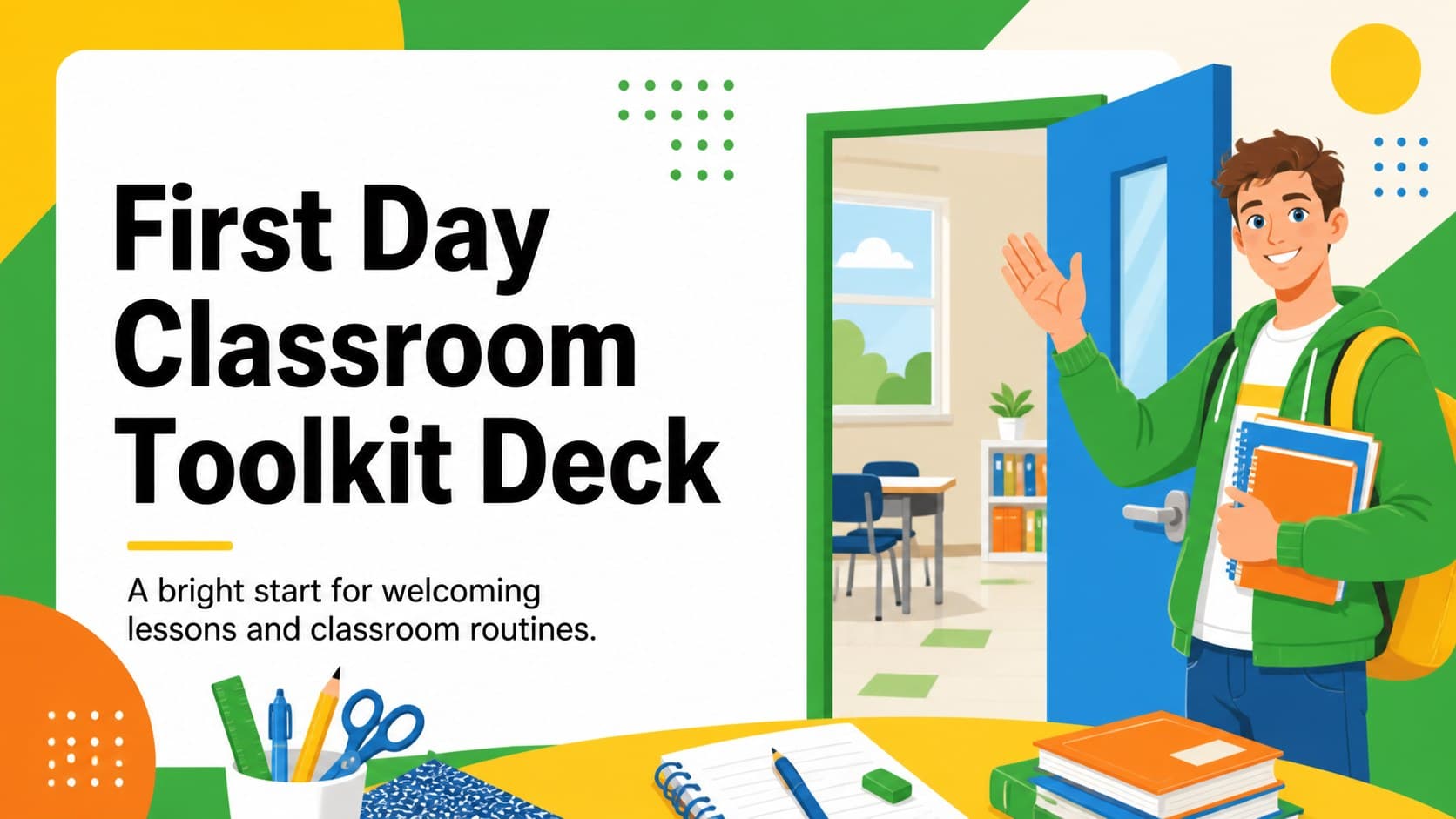 Colorful illustrated cover for a first day classroom toolkit with a welcoming school-themed composition.