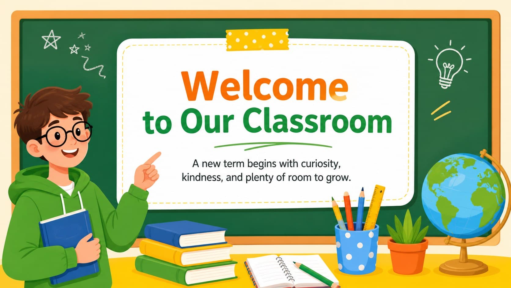 Illustrated classroom welcome slide introducing students to a bright first day classroom toolkit.