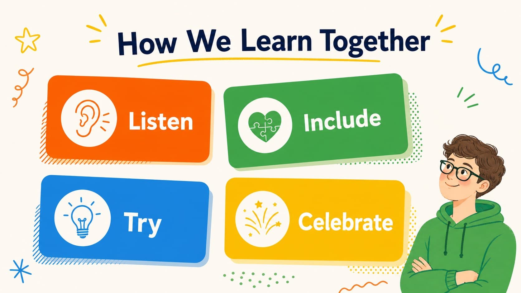 Playful illustrated slide presenting classroom agreements for a positive learning environment.