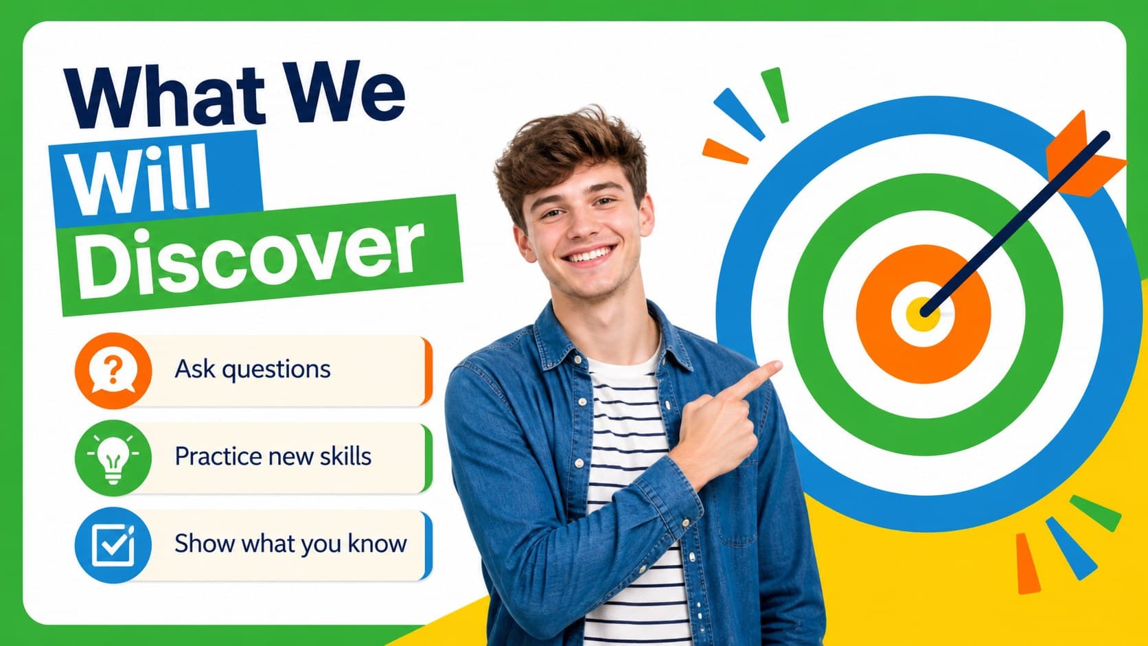 Bright education slide outlining learning goals with colorful icons and editable text areas.
