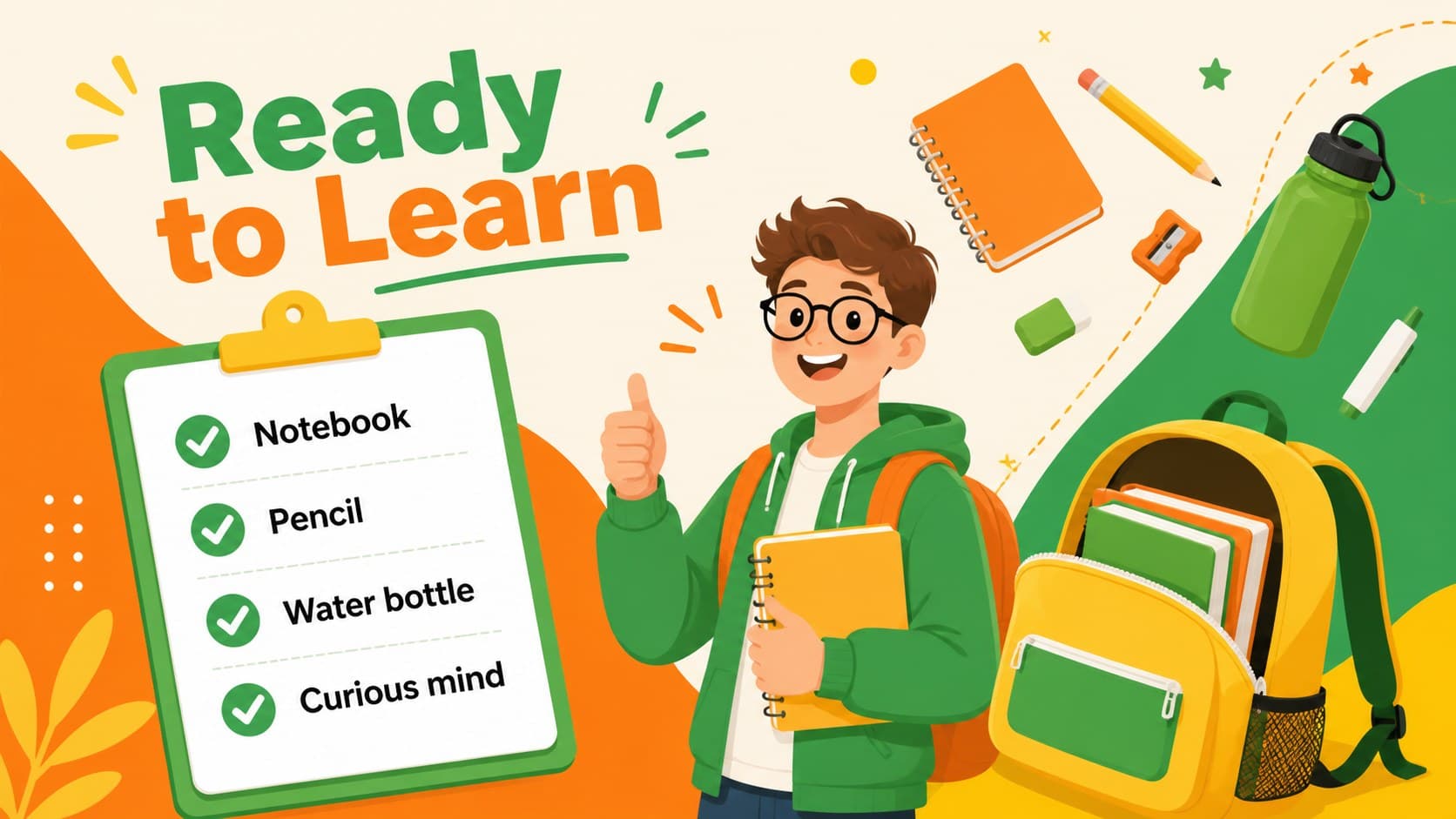 Illustrated classroom supply checklist with colorful stationery and clear editable categories.