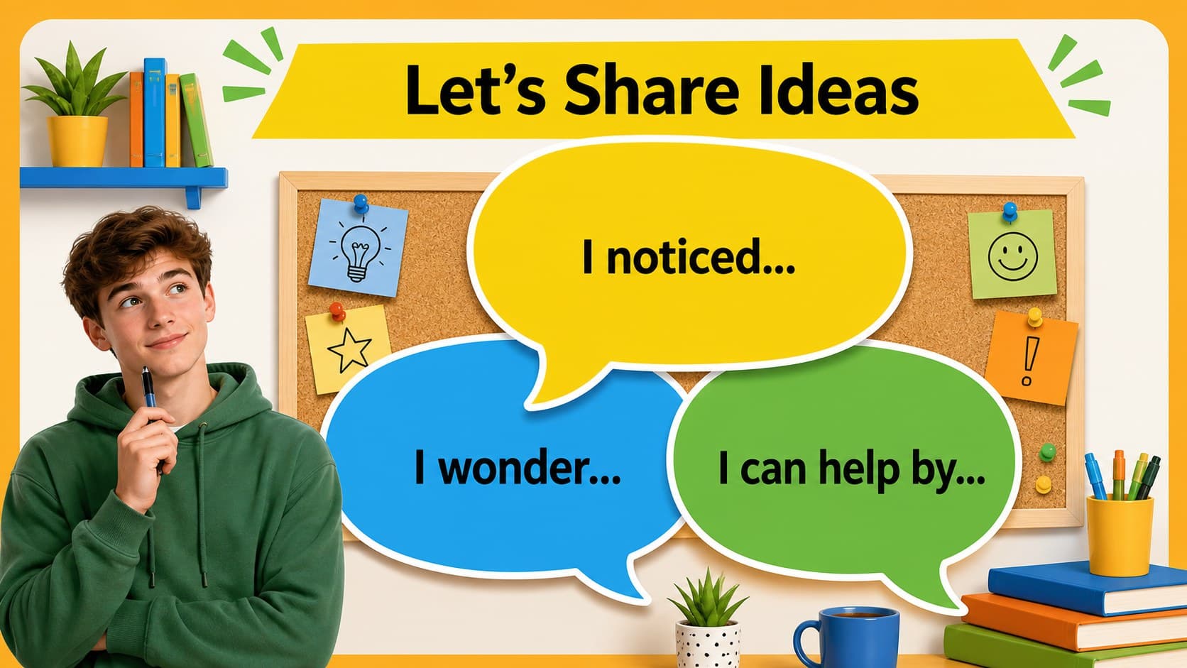 Playful student discussion slide with speech bubbles and colorful classroom illustrations.