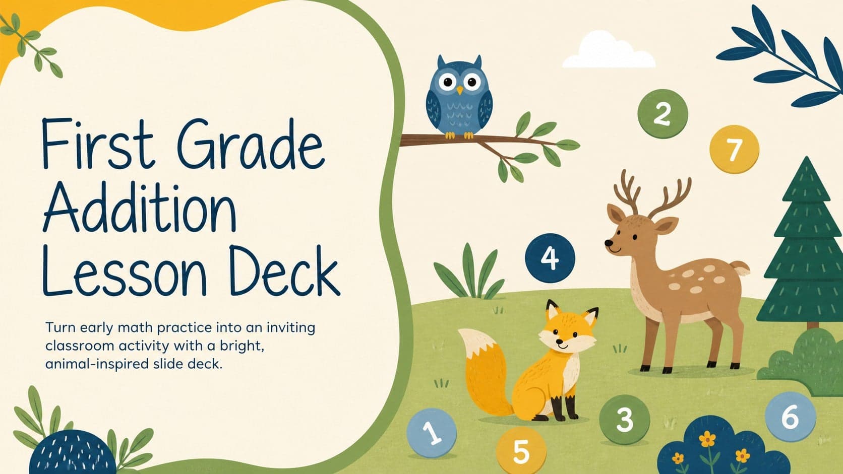 Cover slide for a first grade addition lesson with cheerful animal illustrations and colorful number visuals.