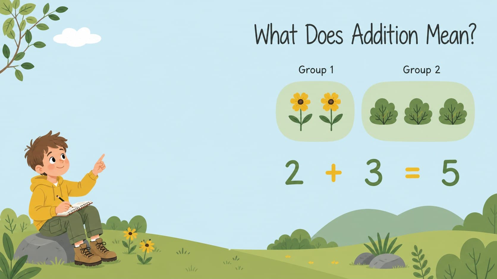 Introduction slide showing friendly illustrated animals and simple number groups for a first grade addition lesson.