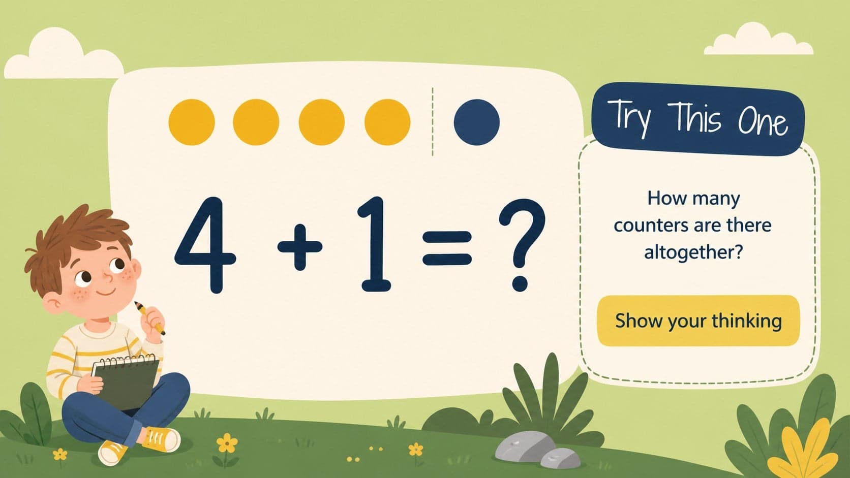 Addition counting presentation with colorful counters, a large equation, and a child-friendly practice prompt.
