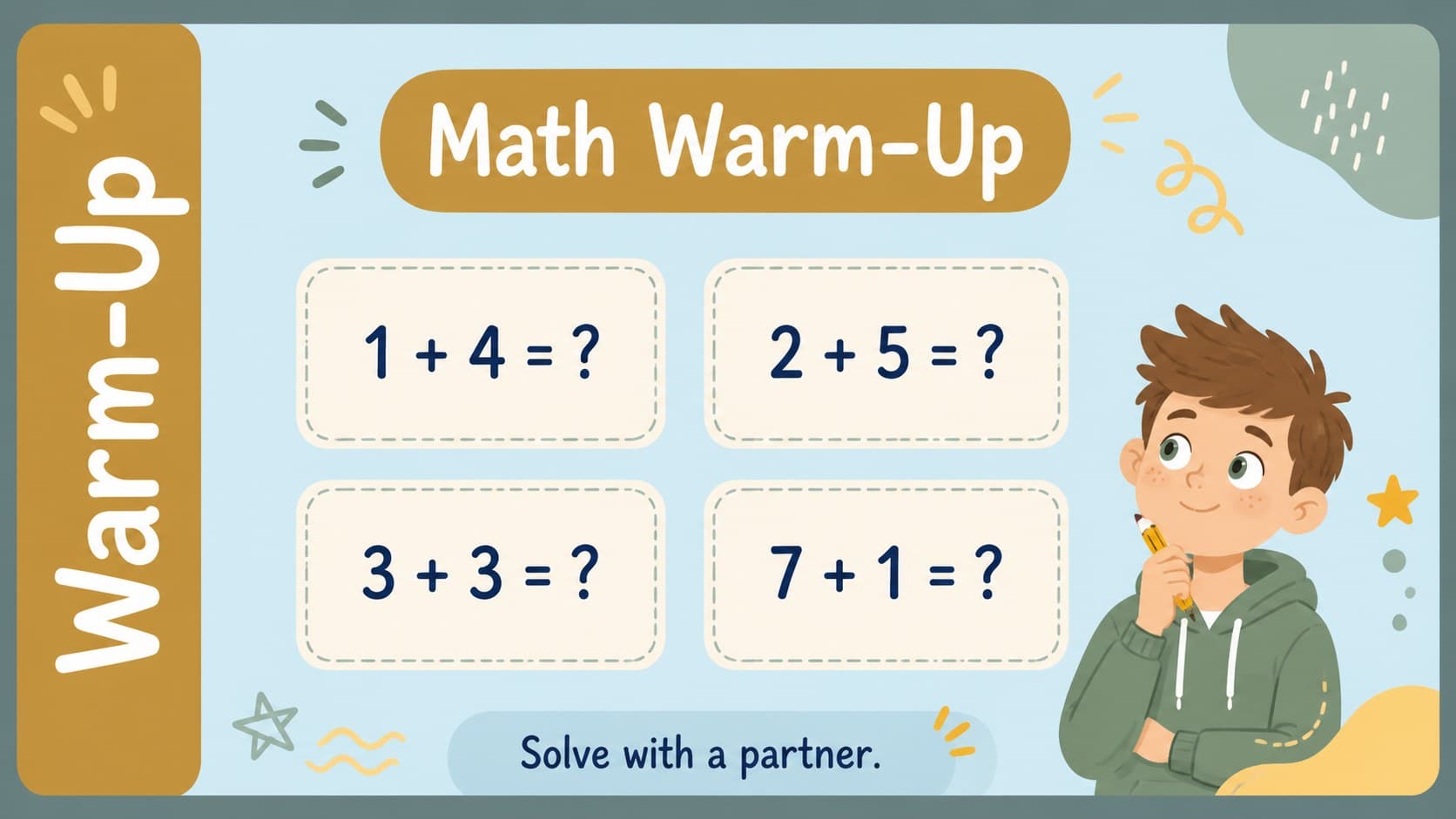 First grade math warm-up slide with quick addition questions and colorful visual prompts.